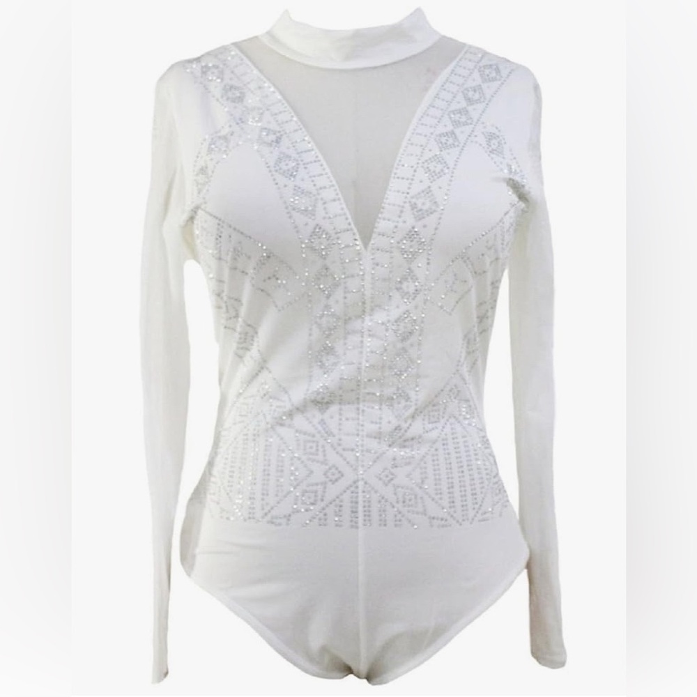 Elegant White Embellished Women's Bodysuit